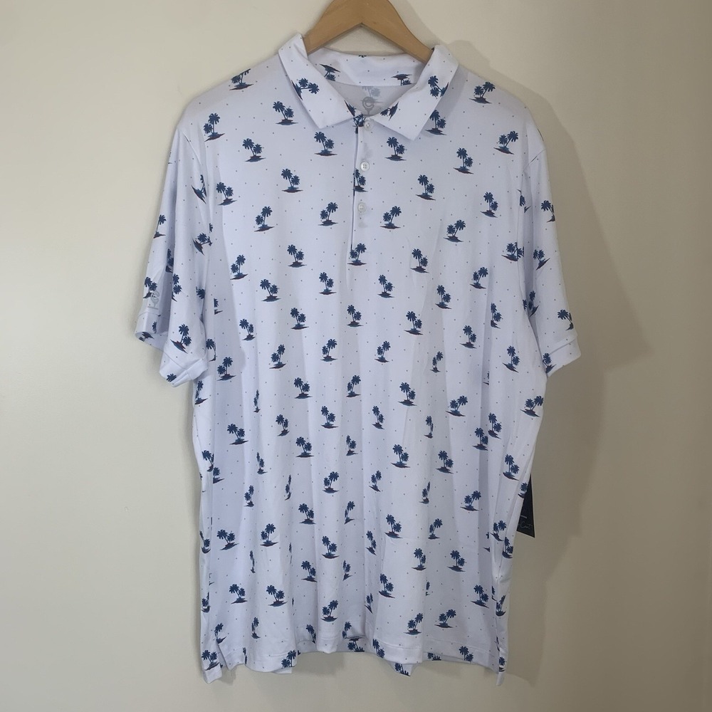 Caddy Cart Mens Palm Island Polo Shirt XL White Novelty Print Golf Athleisure